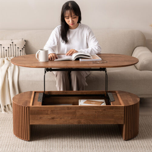 Lift Top Oval Wooden Coffee Table With Storage Space, Fluted Design Living Room Center Table - Coffee table - QONKA HOME