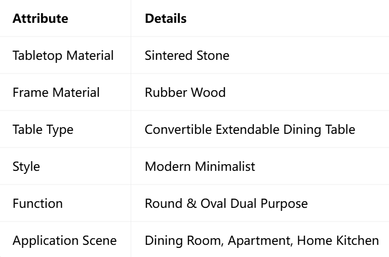 Extendable Dining Table with Sintered Stone Top & Rubber Wood Frame, Round to Oval Convertible Dinner Table for Home Dining Room