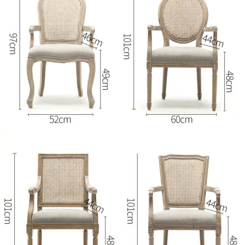 Four Nordic style armchairs with woven backs and cushioned seats.