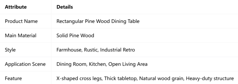 Solid Pine Wood Rectangular Dining Table, X‑Leg Farmhouse Dining Table for Dining Room