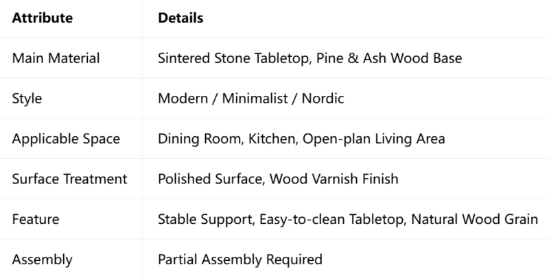 Modern Solid Wood Dining Table, Sintered Stone Tabletop with Pine & Ash Wood Base for Home Dining Room