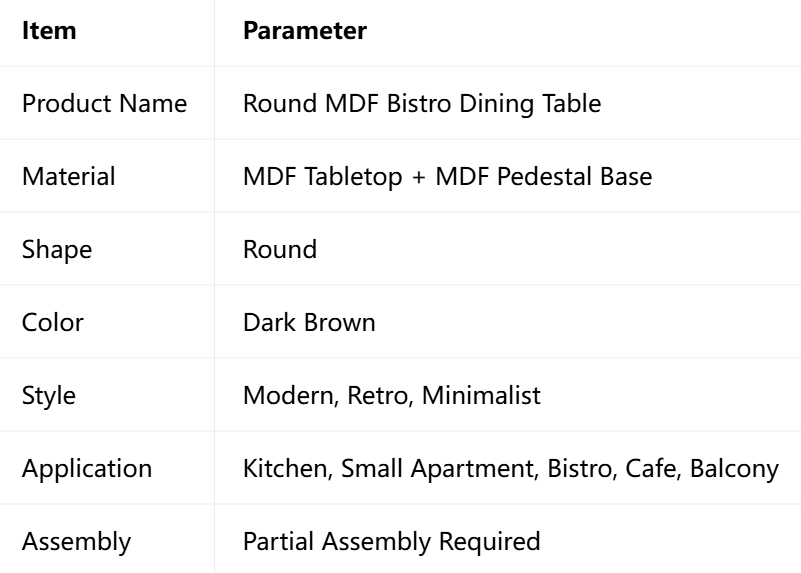 Round MDF bistro dining table, dark brown, modern retro minimalist design.