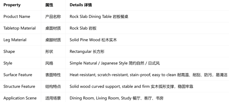 Rectangular rock slab dining table with solid pine wood legs.