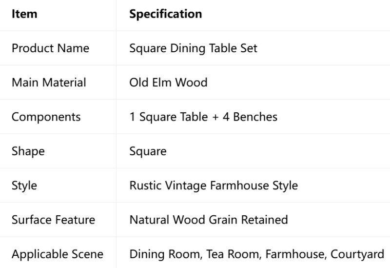 Vintage Old Elm Wood Square Dining Table Set Solid Wood Dining Table With 4 Benches Rustic Farmhouse Dining Furniture