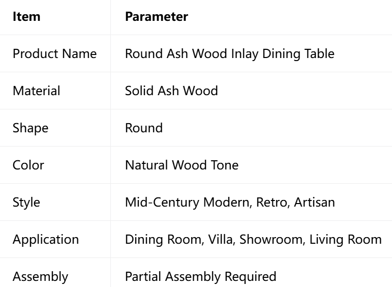 Round ash wood inlay dining table with natural finish.