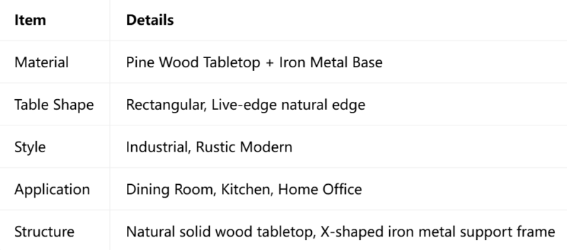 Solid Wood Dining Table, Pine Tabletop With X‑Shape Metal Iron Base Rectangular Live‑Edge Dining Table