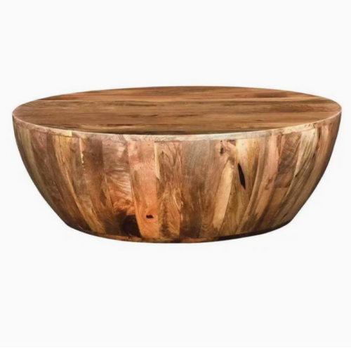 Rustic Round Drum Solid Wood Coffee Table, Handcrafted Circular Wooden Center Table - Coffee table - QONKA HOME