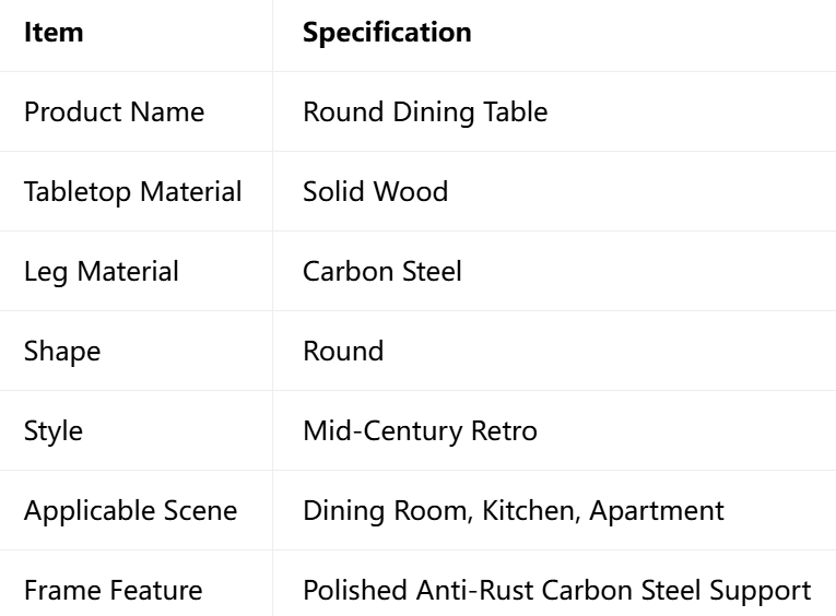 Vintage Round Dining Table Solid Wood Tabletop Carbon Steel Legs Mid‑Century Dining Table For Home Kitchen Dining Room