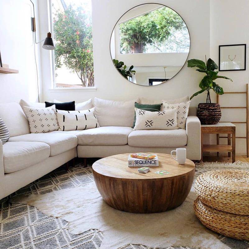 Rustic Round Drum Solid Wood Coffee Table, Handcrafted Circular Wooden Center Table - Coffee table - QONKA HOME