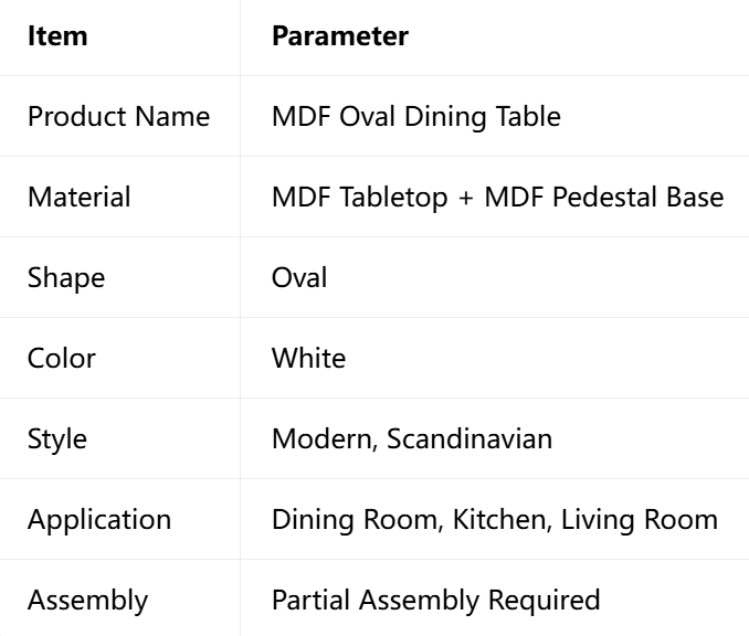White oval MDF dining table with modern Scandinavian style.