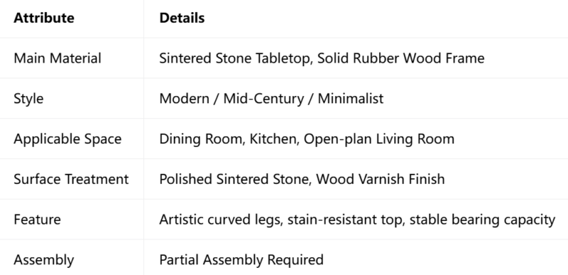 Modern Curved Leg Dining Table, Sintered Stone Tabletop with Solid Rubber Wood Frame for Dining Room