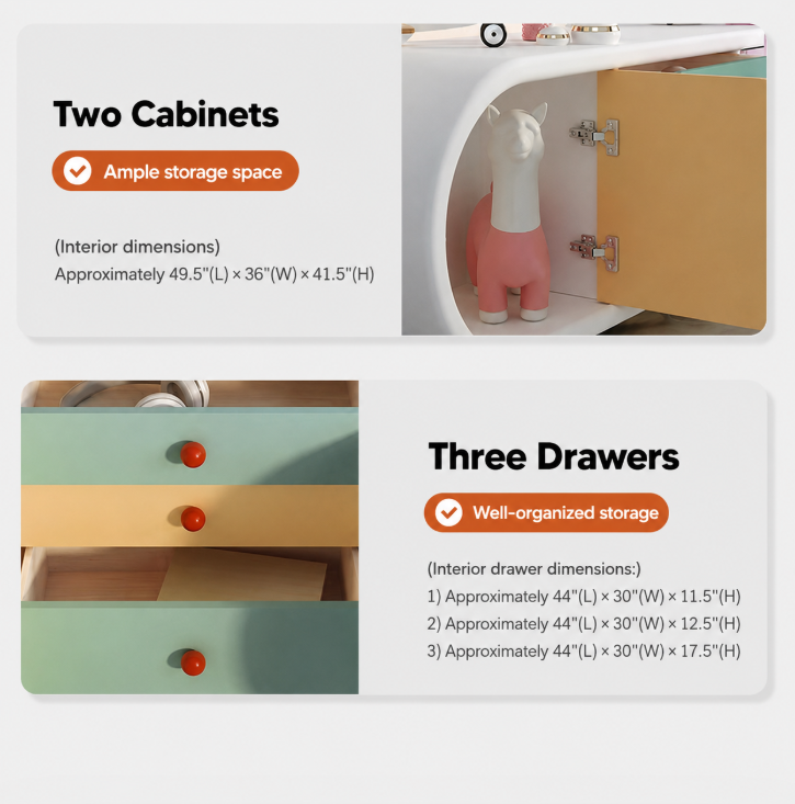 Storage cabinet with two cabinets and three drawers.