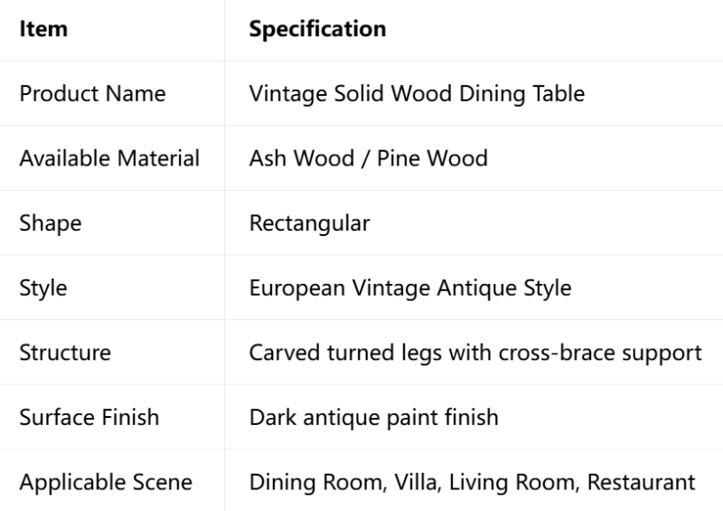 Vintage Rectangular Solid Wood Dining Table, Ash / Pine Wood Available, European Antique Style Dining Table for Home Dining Room