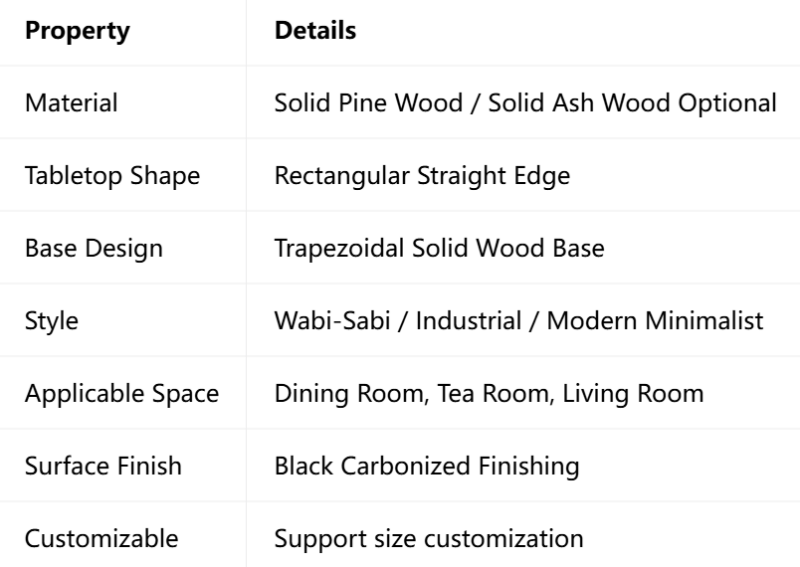 Solid Wood Dining Table, Pine / Ash Wood, Black Carbonized Finish, Modern Wabi‑Sabi Rectangular Dinner Table
