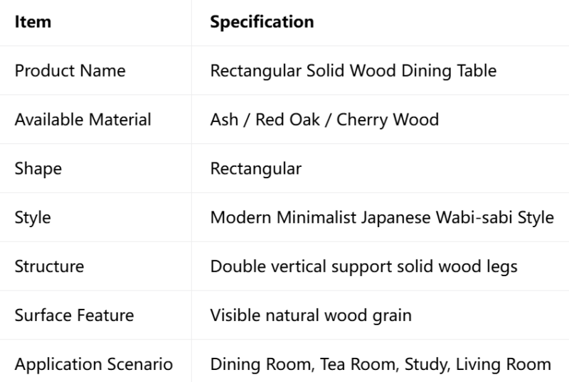 Minimalist Solid Wood Dining Table Rectangular Dinner Table, Available in Ash / Red Oak / Cherry Wood for Dining Room Tea Room