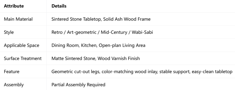 Art Geometric Dining Table, Sintered Stone Tabletop with Ash Wood Frame for Home Dining Room