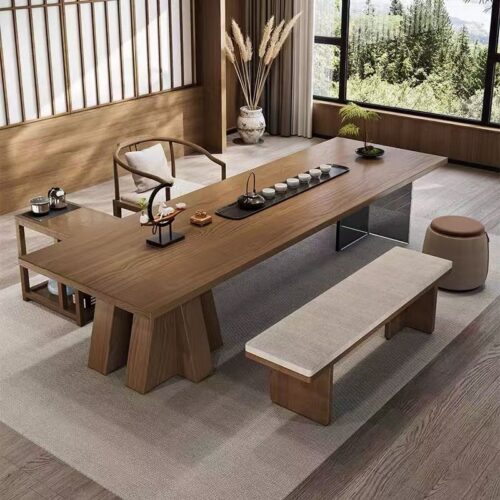 Solid Pine Wood Tea Dining Table, Transparent Acrylic Support, Japanese‑Style Multi‑Function Desk - Dining table - QON...