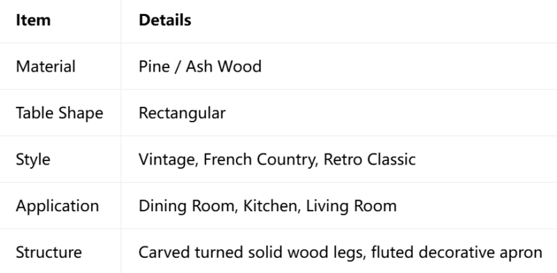 Vintage Rectangular Solid Wood Dining Table, Pine / Ash Wood Turned‑Leg Dining Table for Dining Room