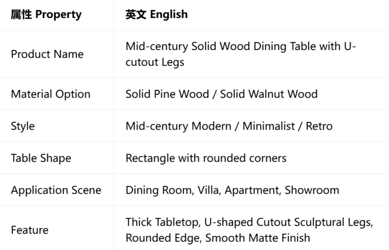 Rectangular Solid Wood Dining Table U-cutout Legs Mid Century Dinner Table Pine or Walnut Wood Optional