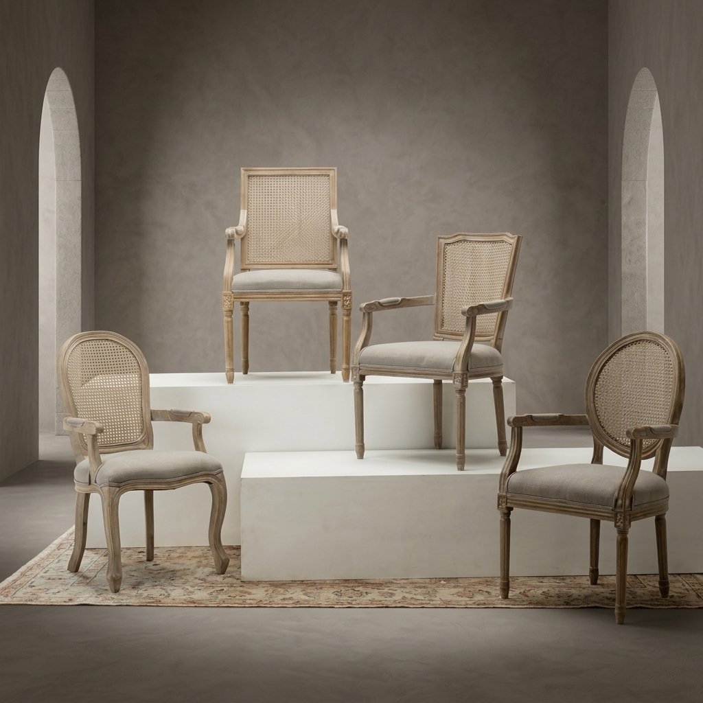 Four vintage-style cane-back chairs displayed on white platforms.