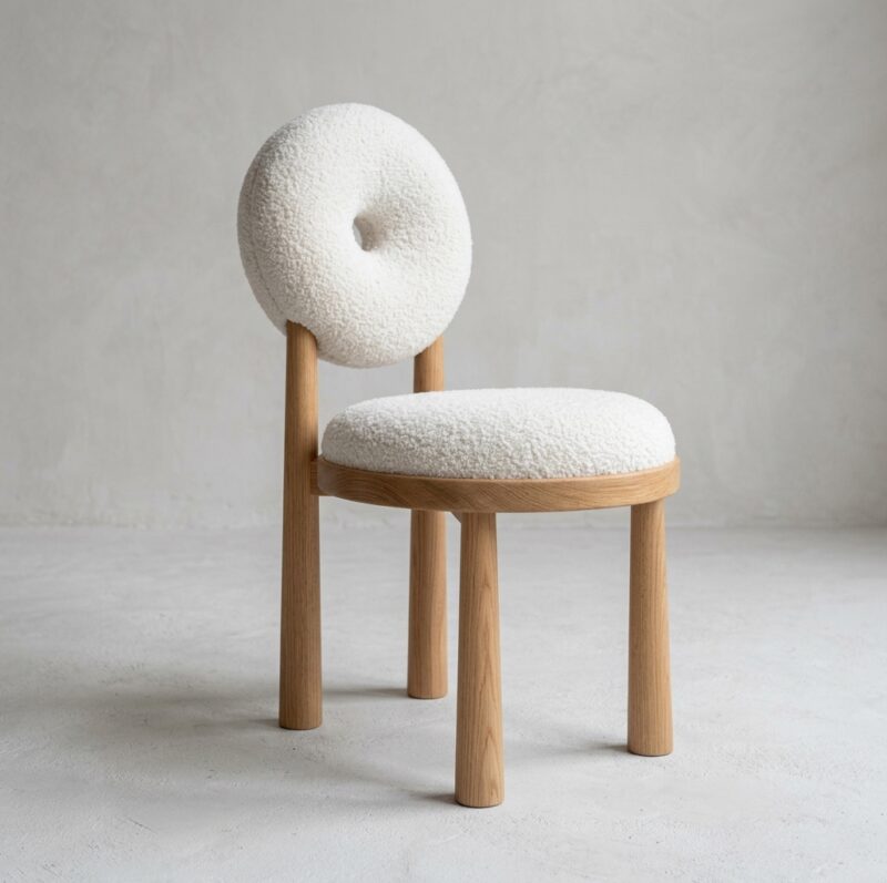 Solid Wood Dining Chair Donut Round Back Teddy Fabric Upholstered Makeup Stool for Bedroom Cafe Home Restaurant - Solid wo...