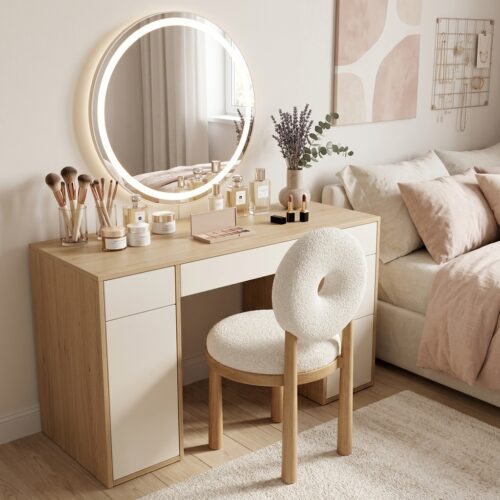 Solid Wood Dining Chair Donut Round Back Teddy Fabric Upholstered Makeup Stool for Bedroom Cafe Home Restaurant - Solid wo...