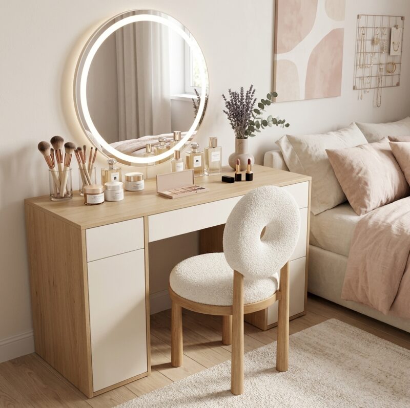 Solid Wood Dining Chair Donut Round Back Teddy Fabric Upholstered Makeup Stool for Bedroom Cafe Home Restaurant