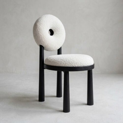 Solid Wood Dining Chair Donut Round Back Teddy Fabric Upholstered Makeup Stool for Bedroom Cafe Home Restaurant - Solid wo...
