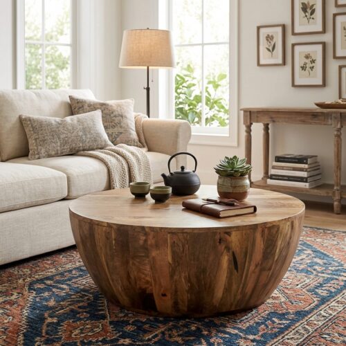 Rustic Round Drum Solid Wood Coffee Table, Handcrafted Circular Wooden Center Table - Coffee table - QONKA HOME