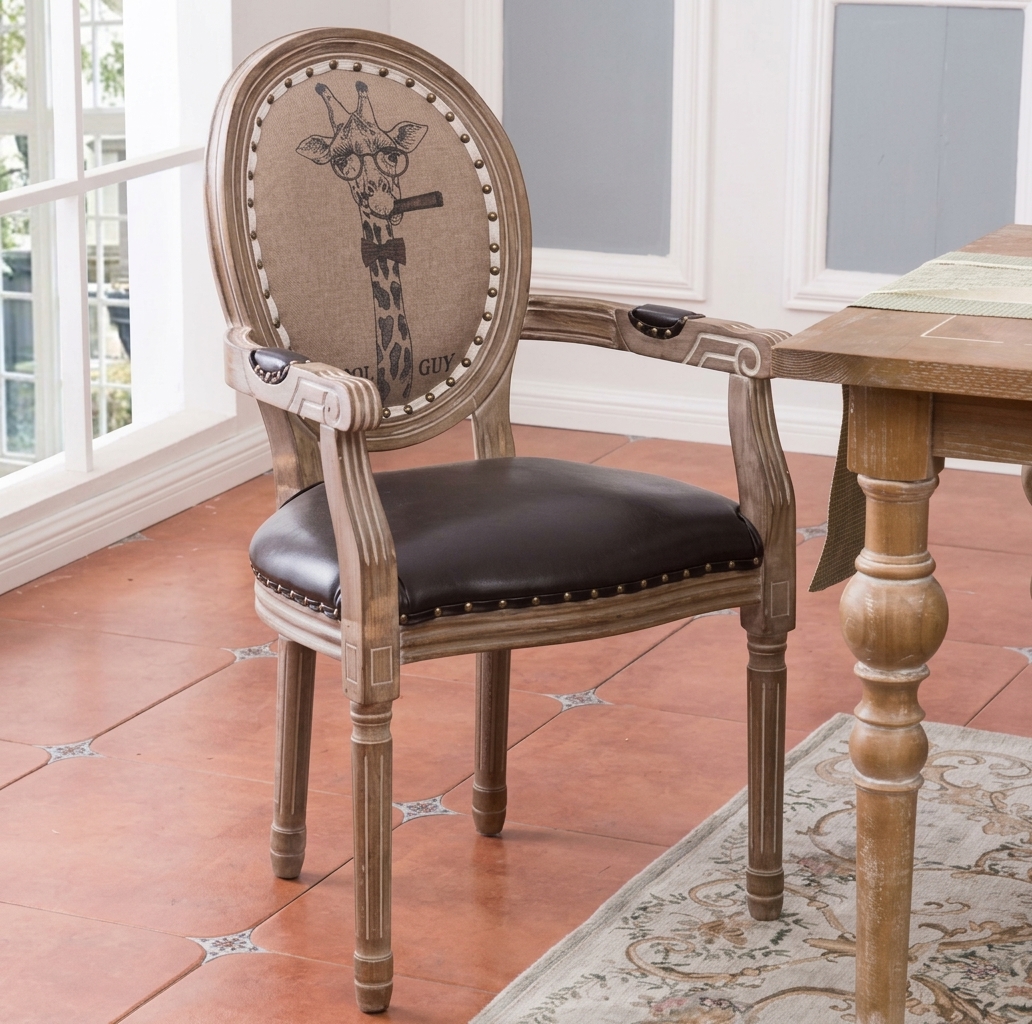 Armchair features giraffe design on oval backrest.