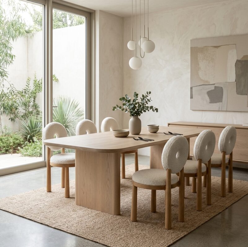 Solid Wood Dining Chair Donut Round Back Teddy Fabric Upholstered Makeup Stool for Bedroom Cafe Home Restaurant