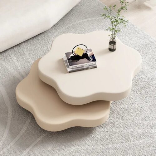 Modern Irregular Cloud Coffee Table, 2‑Piece Rotating Wooden Center Table cream‑style - Coffee table - QONKA HOME