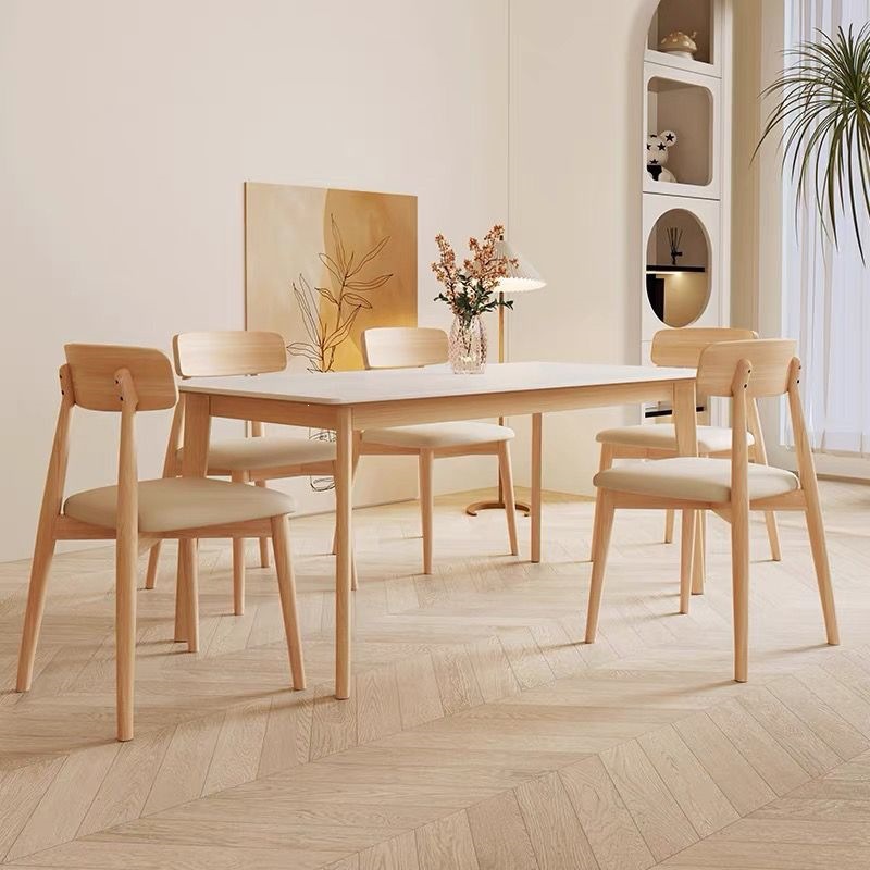 Nordic Solid Wood Dining Chair with Curved Backrest & PU Padded Seat, Modern Minimalist Wooden Chair