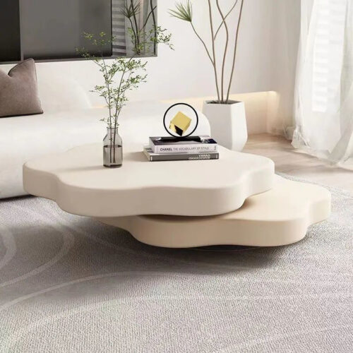 Modern Irregular Cloud Coffee Table, 2‑Piece Rotating Wooden Center Table cream‑style - Coffee table - QONKA HOME