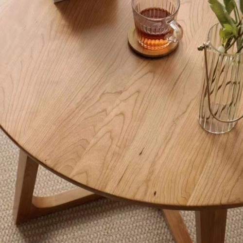Modern Round Wood Grain Coffee Table, Minimalist Cross V-shape Leg Wooden Center Table - Bedside table - QONKA HOME