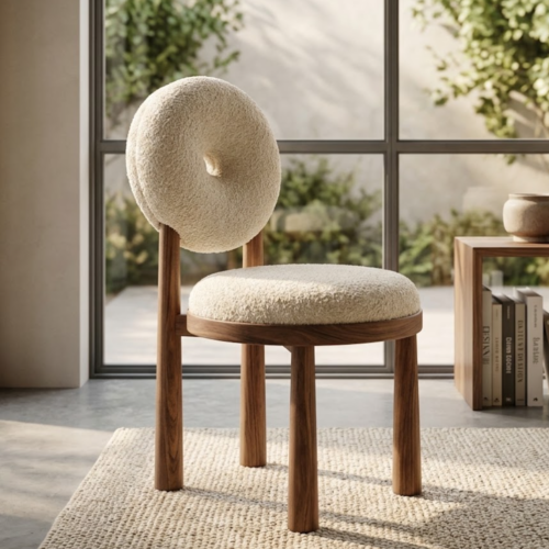 Solid Wood Dining Chair Donut Round Back Teddy Fabric Upholstered Makeup Stool for Bedroom Cafe Home Restaurant - Solid wo...