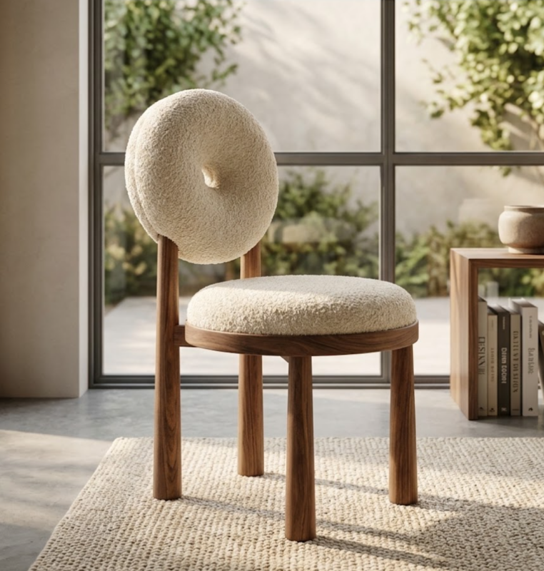 Solid Wood Dining Chair Donut Round Back Teddy Fabric Upholstered Makeup Stool for Bedroom Cafe Home Restaurant