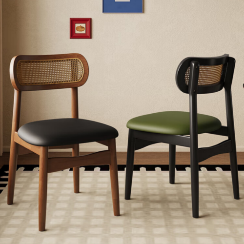 Solid Wood Rattan Back Dining Chair PU Leather Upholstered Seat Retro Woven Dining Chair Custom Color For Home Restaurant ...