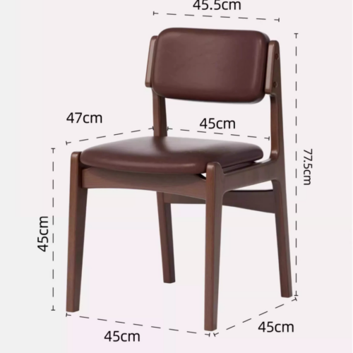 Brown leather chair with wooden frame and dimensions shown.