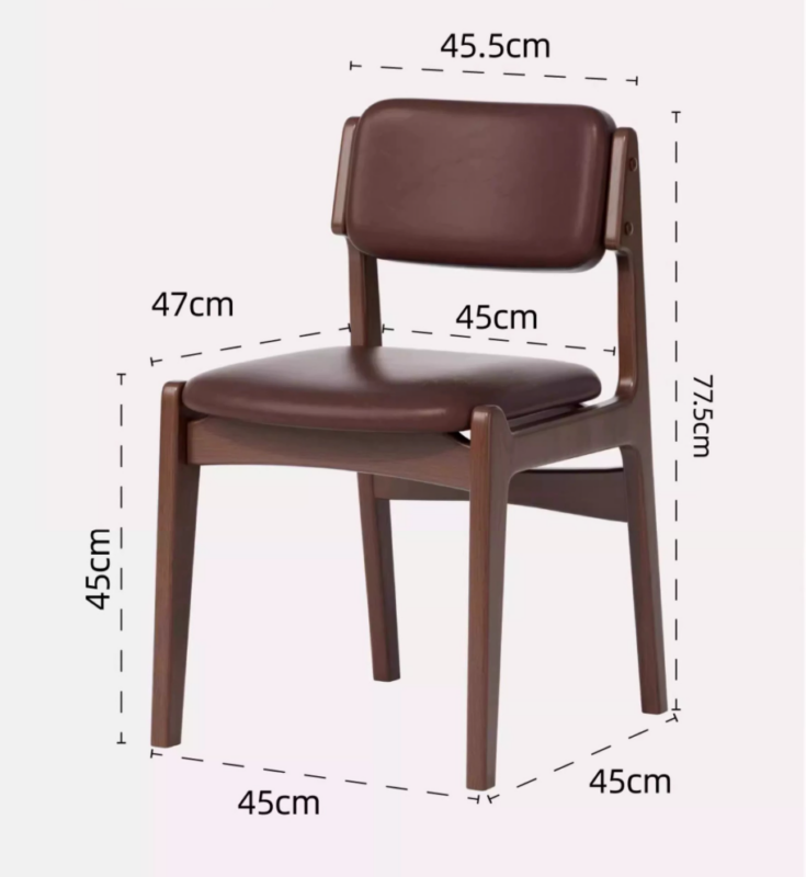 Brown leather chair with wooden frame and dimensions shown.