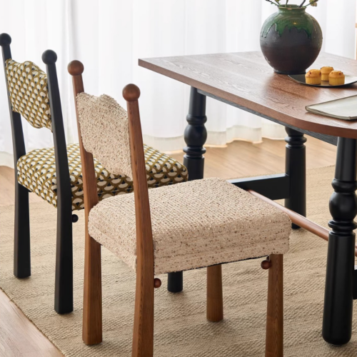 French Country Style Solid Wood Chair, Designer Curved Back Fabric Padded Dining Chair For Cafe & Dining Room - Solid...