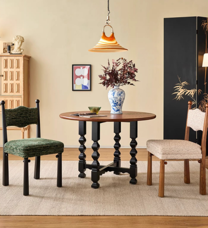 French Country Style Solid Wood Chair, Designer Curved Back Fabric Padded Dining Chair For Cafe & Dining Room