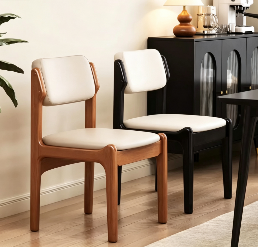 Two modern chairs with white cushions and wooden frames.