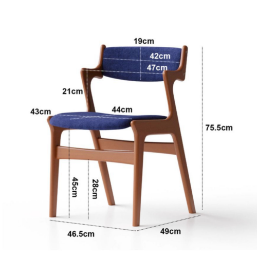 Blue cushioned wooden chair with detailed dimension labels.