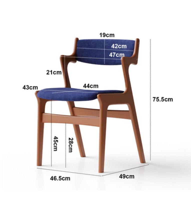 Blue cushioned wooden chair with detailed dimension labels.