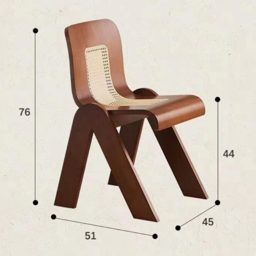 Wooden chair with cane seat and angled legs shown with dimensions.