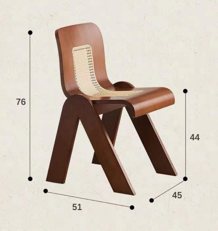 Wooden chair with cane seat and angled legs shown with dimensions.