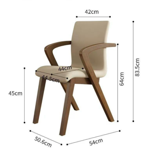 Modern armchair with wooden legs and beige upholstery.