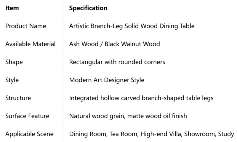 Artistic Branch‑Shape Leg Solid Wood Dining Table, Ash / Black Walnut Wood Optional, Designer Rectangular Dining Table for Home & Showroom