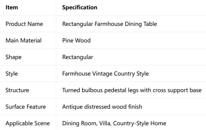 Farmhouse Solid Pine Wood Dining Table Rectangular Turned Pedestal Leg Vintage Dining Table for Home Dining Room